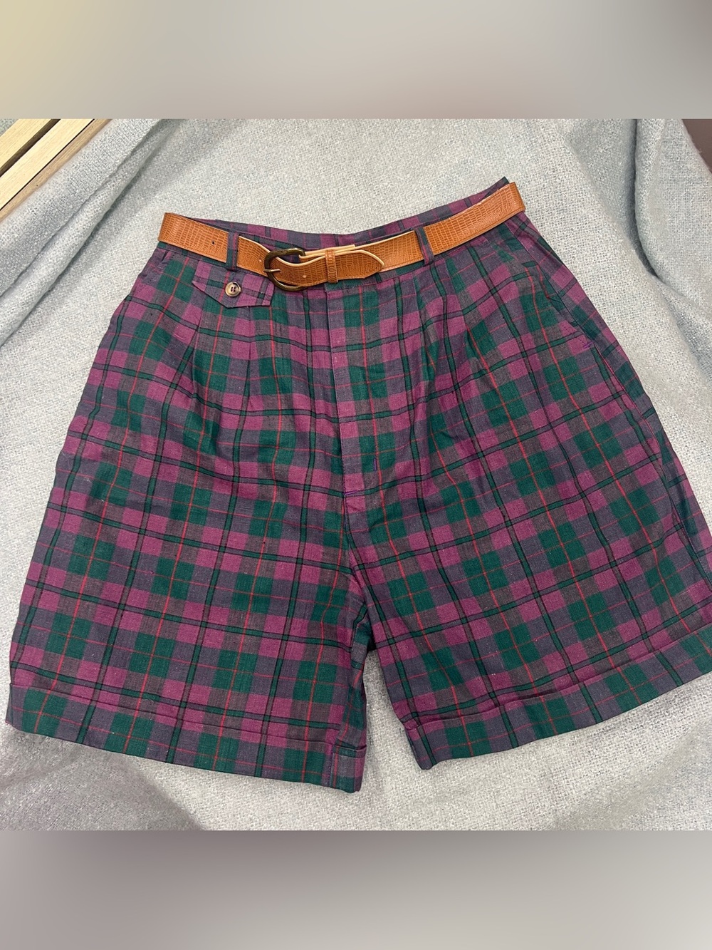 Vintage Small Tartan Plaid Long Shorts Belted Pockets Pleated